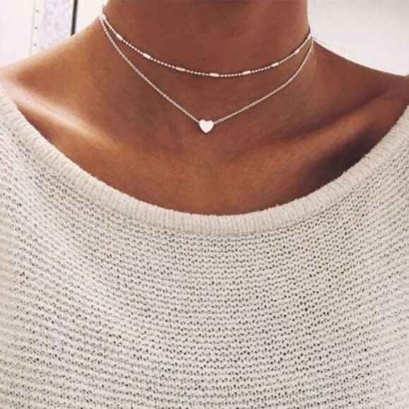 Classic Choker Style multi layered heart necklace, silver - Picture 1 of 4